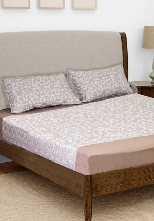Grey with White Floral Print Grey Bordered Bedsheet King Size(9 * 9 feet),(275 * 275 CM) with Two Pillow Covers(48 * 74 CM), Pure Cotton, 188 TC