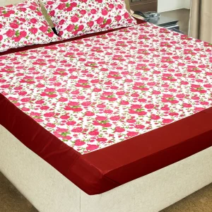 White with Maroon Bordered Floral Print Bedsheet King Size(9 * 9 feet),(275 * 275 CM) with Two Pillow Covers(48 * 74 CM), Pure Cotton,188 TC