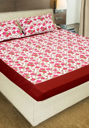 White with Maroon Bordered Floral Print Bedsheet King Size(9 * 9 feet),(275 * 275 CM) with Two Pillow Covers(48 * 74 CM), Pure Cotton,188 TC