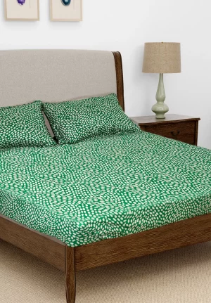 Dark Green with White Dotted Pattern Bedsheet King Size(9 * 9 feet), (275*275 CM) with Two Pillow Covers (48 * 74 CM),Pure Cotton, 188 TC