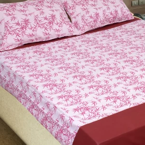 Baby Pink with Maroon Bordered Floral Foliage Print, Bedsheet King Size(9 * 9 feet),(275 * 275 CM) with Two Pillow Covers(48 * 74 CM), Pure Cotton, 188 TC