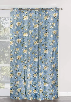 Blue with Golden Yellow Floral Print, 7.5*5 Feet Premium Cotton Door Curtain with Eyelets