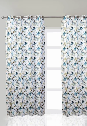 White with Blue and Brown Geometric Pattern, 7.5*5 Feet Premium Cotton Door Curtain with Eyelets