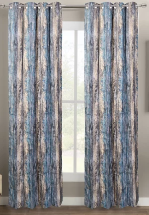 Blue and Brown Mosaic Pattern, 7.5*5 Feet Premium Cotton Door Curtain with Eyelets