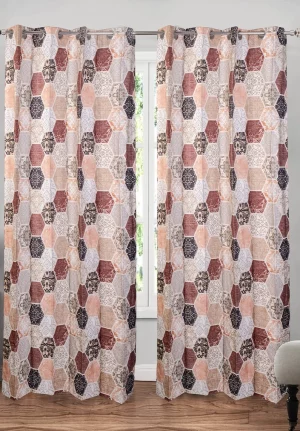 Cream Brown Floral Print, 7.5*5 Feet Premium Cotton Door Curtain with Eyelets