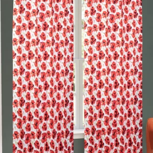 White with Red Floral Print, 7.5*5 Feet Premium Cotton Door Curtain with Eyelets