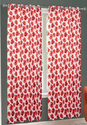 White with Red Floral Print, 7.5*5 Feet Premium Cotton Door Curtain with Eyelets
