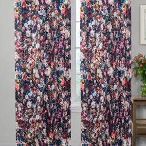Black with Multicolor Floral Print, 7.5*5 Feet Premium Cotton Door Curtain with Eyelets