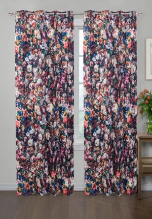 Black with Multicolor Floral Print, 7.5*5 Feet Premium Cotton Door Curtain with Eyelets