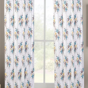 White with Blue Yellow Paisley Floral Print, 7.5*5 Feet Premium Cotton Door Curtain with Eyelets