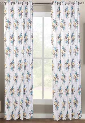 White with Blue Yellow Paisley Floral Print, 7.5*5 Feet Premium Cotton Door Curtain with Eyelets
