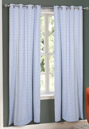 Blue with White Stripped Pattern, 7.5*5 Feet Premium Cotton Door Curtain with Eyelets