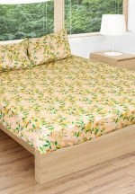 Cream with Yellow Orange Floral Foliage Print Bedsheet King Size(9 * 9 feet),(275 * 275 CM) with Two Pillow Covers(48 * 74 CM), Pure Cotton, 188 TC