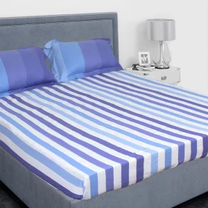 White and Shades of Blue Stripped Bedsheet King Size(9 * 9 feet),(275 * 275 CM) with Two Pillow Covers(48 * 74 CM), Pure Cotton, 200 TC