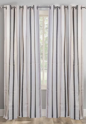 Elegant Half White with Cream and Black Stripes Pattern, 7.5*5 Feet Cotton Door Curtain with Eyelets