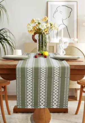 Olive Green Traditional Stripped Pattern Table Runner (128*41 CM)