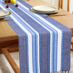 Blue and White Vertical Stripped Table Runner with Fringe (188*37 CM)
