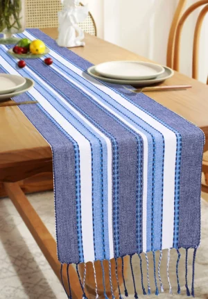 Blue and White Vertical Stripped Table Runner with Fringe (188*37 CM)