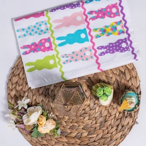 White with Happy Bunnies Print Cotton Table Napkin, 24 * 15 Inches, Set of 4