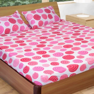 Cream with Pink Geometric Print, Bedsheet King Size(9 * 9 feet),(275 * 275 CM) with Two Pillow Covers(48 * 74 CM), Pure Cotton,188 TC